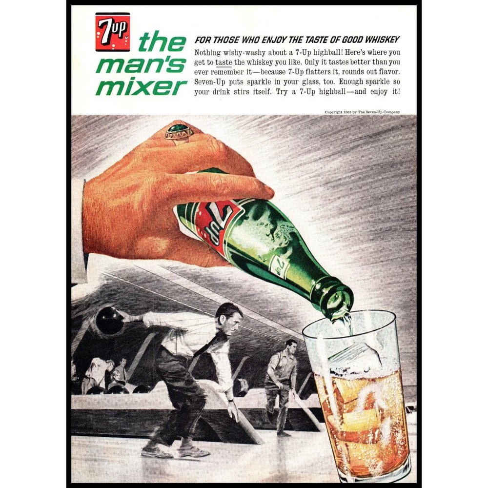 1963 7-Up 7Up Soda Vintage Print Ad Sexist The Man's Mixer Bowling Alley Art
